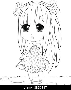 Contorno bianco e nero che raffigura un adorabile personaggio di chibi girl che indossa un abito, perfetto per libri da colorare per bambini, graphic design o ve Illustrazione Vettoriale