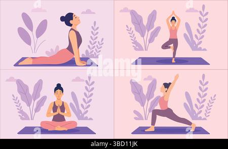 Yoga Poses Collection diverse Yoga Practice Yoga Set Yoga femminile Mindful Yoga Illustration Illustrazione Vettoriale