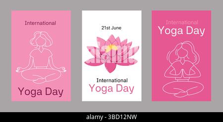 Illustrazione che rappresenta la giornata Internazionale dello Yoga con figure astratte e Fiore di Loto Illustrazione Vettoriale