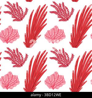 Motivo senza cuciture con disegni di alghe rosse e corallo rosa Illustrazione Vettoriale