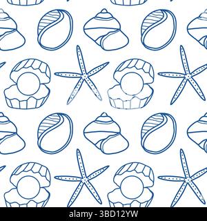 Motivo nautico senza cuciture con stelle marine e conchiglie in stile doodle blu Illustrazione Vettoriale