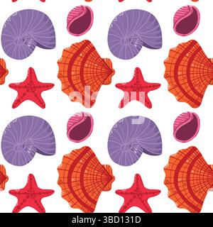 Motivo senza cuciture con conchiglie colorate e stelle marine su sfondo bianco Illustrazione Vettoriale