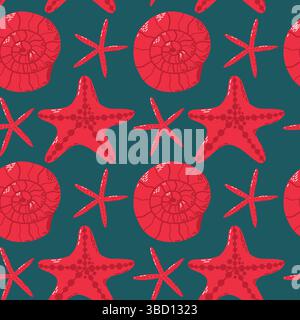 Motivo senza cuciture con stelle marine rosse e conchiglie con tema marino. Illustrazione Vettoriale
