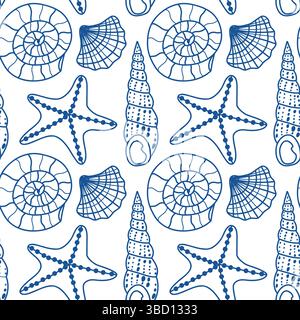Motivo nautico senza cuciture con conchiglie e stelle marine Illustrazione Vettoriale