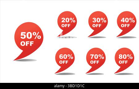 Confezione di sconti per diversi adesivi con sconto per percentuale. Fino a 20, 30, 40, 50, 60, 70 , 75, 80 illustrazione vettoriale percentuale Illustrazione Vettoriale