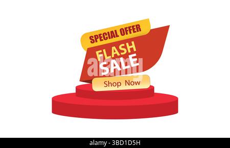 Banner di vendita flash con offerta speciale ed etichetta Shop Now isolata su sfondo bianco evento di vendita flash, grande offerta di vendita, etichetta poster. Illustrati vettoriali Illustrazione Vettoriale