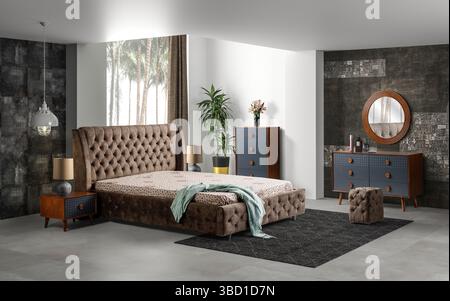 interni e decorazioni in 3d della camera da letto con letto matrimoniale marrone Foto Stock