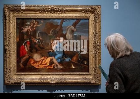 Londra, Regno Unito. 22 maggio 2025. 'Tancred and Erminia', intorno al 1634, di Nicolas Poussin, uno dei 18 dipinti del Barber Institute of fine Arts, Università di Birmingham, esposto alla Courtauld Gallery dal 23 maggio 2025 al 22 febbraio 2026, mentre il Barber subisce importanti lavori di ristrutturazione. Crediti: Stephen Chung / Alamy Live News Foto Stock