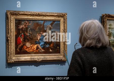 Londra, Regno Unito. 22 maggio 2025. 'Tancred and Erminia', intorno al 1634, di Nicolas Poussin, uno dei 18 dipinti del Barber Institute of fine Arts, Università di Birmingham, esposto alla Courtauld Gallery dal 23 maggio 2025 al 22 febbraio 2026, mentre il Barber subisce importanti lavori di ristrutturazione. Crediti: Stephen Chung / Alamy Live News Foto Stock