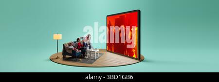 Un gruppo di persone si è riunito intorno al grande schermo mostrando notizie, scena di protesta con la folla. Tablet 3D. Immagine composita, collage. Foto Stock