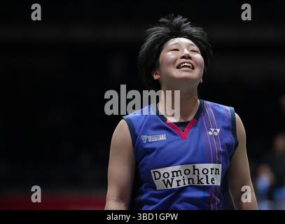 Kuala Lumpur, Malesia. 22 maggio 2025. Yamaguchi Akane reagisce durante il singolare femminile del 16° turno tra Yamaguchi Akane del Giappone e Okuhara Nozomi del Giappone al Malaysia Masters 2025 a Kuala Lumpur, Malaysia, 22 maggio 2025. Crediti: Jia Haocheng/Xinhua/Alamy Live News Foto Stock