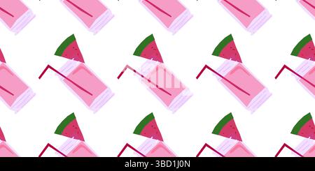 Motivo senza cuciture con bicchieri rosa per succo di frutta, fette di anguria e cannucce per bere. Stile cartoni animati piatto su sfondo bianco. Illustrazione Vettoriale