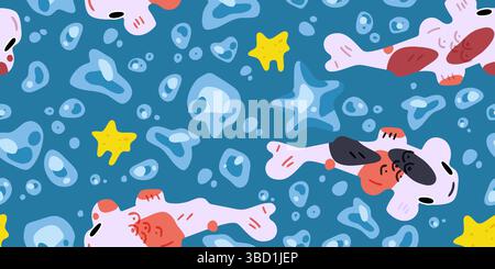 Motivo senza cuciture con pesci cartoni animati koi, bolle d'acqua e stelle marine gialle. Illustrazione subacquea decorativa in stile piatto su sfondo blu. Illustrazione Vettoriale
