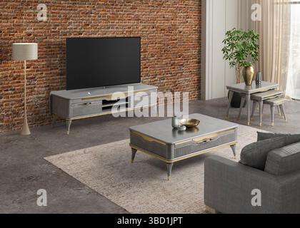 Camera tv 3D, divano, tavolino da caffe' e tavolo tv con arredo moderno Foto Stock