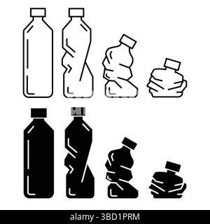 Imposta il vettore dell'icona della bottiglia di plastica in uno stile sottile e piatto con tratto modificabile su sfondo bianco. Set di icone per bottiglie di plastica ammaccate. Illustrazione Vettoriale