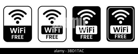 Set di icone wifi gratuito. Logo wifi gratuito, etichetta, cartello, badge, simbolo isolato su sfondo bianco. Segnale Wi-Fi, luogo pubblico, punto di accesso, Wi-Fi pubblico, Illustrazione Vettoriale