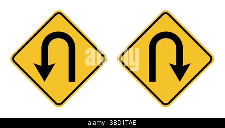 Fai un'inversione a U davanti al cartello stradale. Icona con freccia piatta per inversione a U o ritorno. Set di icone con freccia di svolta a U. Set icone direzione . Illustrazione Vettoriale