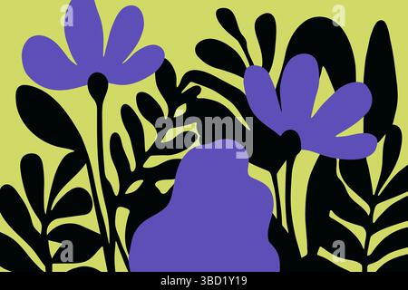 Sfondo artistico con fiori e foglie astratti e scanalati. Design alla moda in stile hippie retrò anni '60-'70. Semplice illustrazione vettoriale disegnata a mano Illustrazione Vettoriale