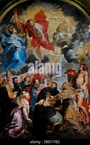San Domenico e San Francesco d'Assisi preservando la rabbia mondiale di Cristo 1618 Peter Paul Rubens 1577 - 1640 Belgio Louvre belga, Parigi, Francia, francese. [ Fede cristiana che il sacrificio e gli insegnamenti di Cristo offrano un modo per superare la pecca intrinseca del mondo ed evitare l'ira divina. Questa conservazione si realizza attraverso la fede in Cristo, il pentimento, e vivendo secondo i suoi principi, che in ultima analisi conduce alla salvezza e ad una vita trasformata. Foto Stock