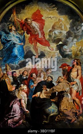 San Domenico e San Francesco d'Assisi preservando la rabbia mondiale di Cristo 1618 Peter Paul Rubens 1577 - 1640 Belgio Louvre belga, Parigi, Francia, francese. [ Fede cristiana che il sacrificio e gli insegnamenti di Cristo offrano un modo per superare la pecca intrinseca del mondo ed evitare l'ira divina. Questa conservazione si realizza attraverso la fede in Cristo, il pentimento, e vivendo secondo i suoi principi, che in ultima analisi conduce alla salvezza e ad una vita trasformata. Foto Stock