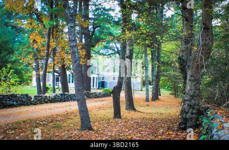 La magia autunnale del New England: Una strada sterrata si snoda oltre una parete di mattoni intemprati, che si illumina di colori autunnali. Pura bellezza rustica! Foto Stock