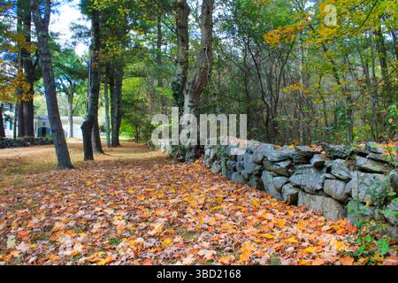 La magia autunnale del New England: Una strada sterrata si snoda oltre una parete di mattoni intemprati, che si illumina di colori autunnali. Pura bellezza rustica! Foto Stock