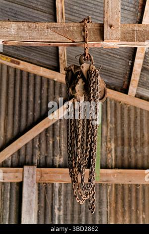 Paranco a catena arrugginito appeso alla trave di legno in vecchio fienile con tetto in metallo ondulato Foto Stock