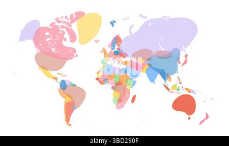 Mappa del mondo, continenti colorati astratti, layout artistico distorto. Utile per infografiche, istruzione, visualizzazione dei dati, concetti globali. Vettore Illustrazione Vettoriale