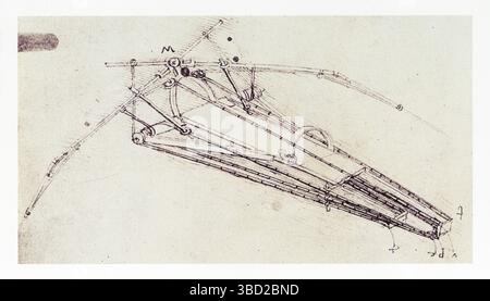 LEONARDO DA VINCI. DISEGNO DI UNA MACCHINA VOLANTE. 1485. PENNA E INCHIOSTRO. 230 X 160 MM Foto Stock