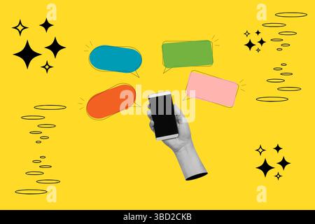 Collage di una donna con una mano che tiene in mano uno smartphone e bolle colorate su sfondo giallo con stelle e cerchi Foto Stock