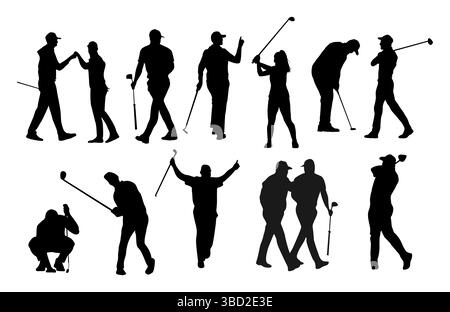 Set di giocatori di golf professionisti con silhouette nere Illustrazione Vettoriale