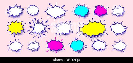 Fumetti vuoti in stile retrò pop art. Forme colorate dei cartoni animati per testo, battute, emozioni, elementi di design nei fumetti, memi, adesivi Illustrazione Vettoriale