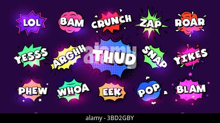 Effetti sonori comici con testo come pop, bam, thud, wow, zap. Vivaci esclamazioni in stile neon moderno per adesivi, design, fumetti, umorismo. Vettore Illustrazione Vettoriale