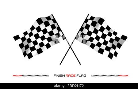 Bandiere da gara 3d a scacchi incrociate che rappresentano il traguardo degli sport motoristici per il rally automobilistico isolate su sfondo bianco. Trama a scacchi con inizio al motore Illustrazione Vettoriale