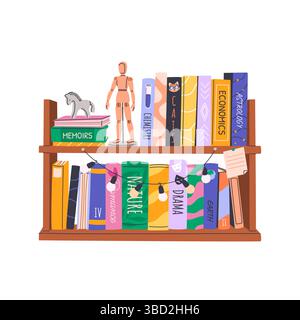Pile di libri sugli scaffali. Clip piatta art. Illustrazione Vettoriale