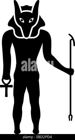 Divinità Anubi con testa di sciacallo, antico dio egiziano, regge il bastone e una silhouette a croce con un'icona mitica, immagine vettoriale di colore nero piatta Illustrazione Vettoriale
