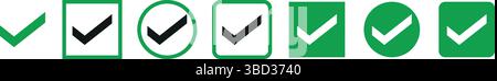 icone di segno di spunta verde e nero in forme diverse, tra cui cerchio e quadrato utilizzate per l'approvazione e la conferma Illustrazione Vettoriale