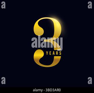 3 anni anniversario Logo Celebration Design su sfondo scuro per branding aziendale, evento aziendale, invito, promozione milestone. 3° numero d'oro Illustrazione Vettoriale