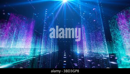 Animazione digitale smart City con luci ed edifici colorati. Città ​​of il concetto del futuro. Ho fatto questa foto con programmi 3d, usando il suo animato 3D. Foto Stock