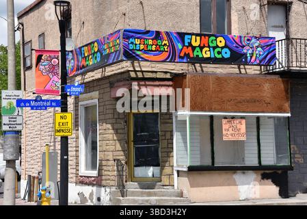 Ottawa, Canada - 16 maggio 2025: Cartello per fungo Magico, dispensario di funghi magici in Montreal Road nella sezione Vanier di Ottawa. Spazio commerciale per Foto Stock