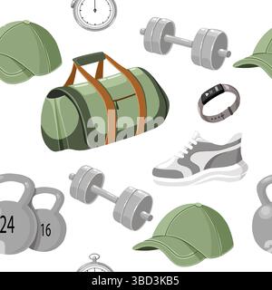 Motivo vettoriale piatto senza cuciture con attrezzature fitness, borsa sportiva, sneakers, cappellino da baseball, manubri, e kettlebell. Design semplice a tema per l'allenamento Illustrazione Vettoriale