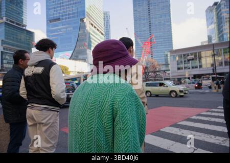 Una donna anziana con un maglione verde e un cappello di prugna aspetta ad un vivace incrocio Foto Stock