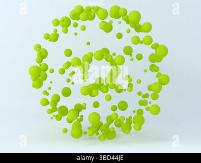Cluster di sfere astratte. Bolle lucide. Un cerchio fatto di palle. Design trendy per banner o poster. Contesto futuristico. Illustrazione geometrica 3D. Foto Stock