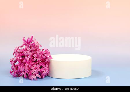 Modello creativo per il tuo design.podio vuoto del prodotto e fiori primaverili.disposizione astratta dei fiori con giacinti, striscioni.estetica minimalista e moderna Foto Stock
