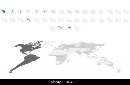 Mappe americane in grigio con bandiere nazionali. Mappa del mondo dei grigi con l'America. Illustrazione Vettoriale
