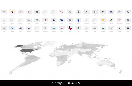 Mappe di stato DEGLI STATI UNITI in grigio con bandiere nazionali. Mappa del mondo dei grigi con gli Stati Uniti d'America. Illustrazione Vettoriale