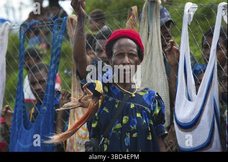 Lady in Market con Raggiana Bird of Paradise maschio in vendita, Mt Hagen, Papua nuova Guinea, Oceania Foto Stock