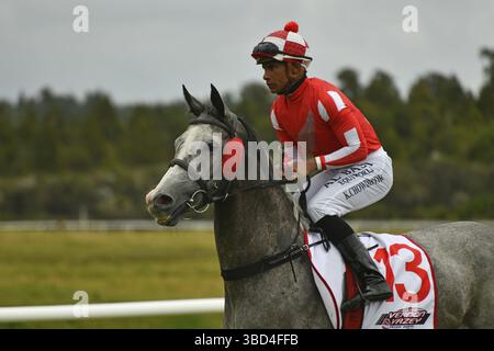 KUMARA, NUOVA ZELANDA, 8 GENNAIO 2022: jockey Kavish Chowdoory e il suo supporto si scaldano per una gara alla gara dei Golden Nuggets alla Kumara Race TR Foto Stock