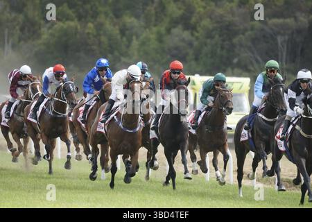 KUMARA, NUOVA ZELANDA, 8 GENNAIO 2022: I fantini cavalcano duramente il traguardo in una gara alla gara Gold Nuggets alla Kumara Race T. Foto Stock