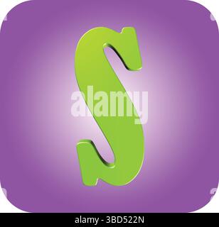 Vettoriale con lettera S verde, sfondo viola vivace, moderno design tipografico 3D. Illustrazione Vettoriale